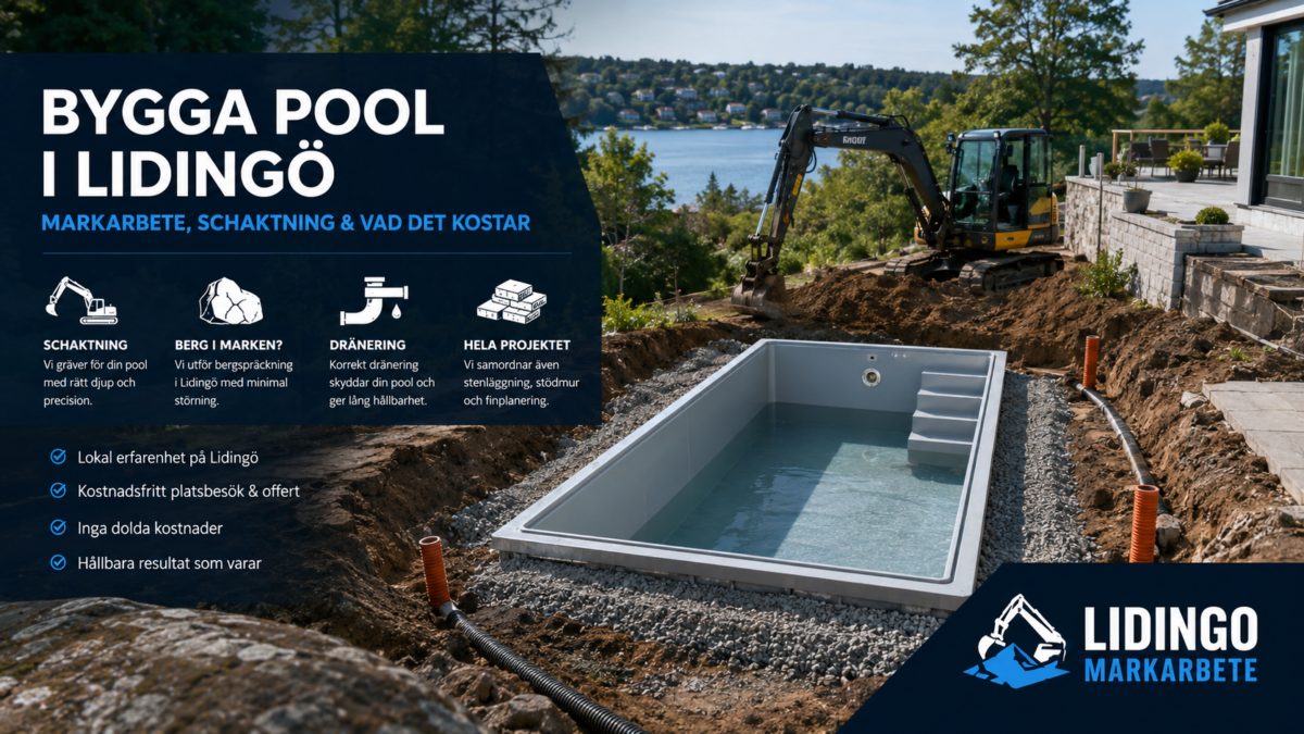 Bygga pool i Lidingö med markarbete och schaktning, grävmaskin som förbereder mark för poolinstallation i villaträdgård